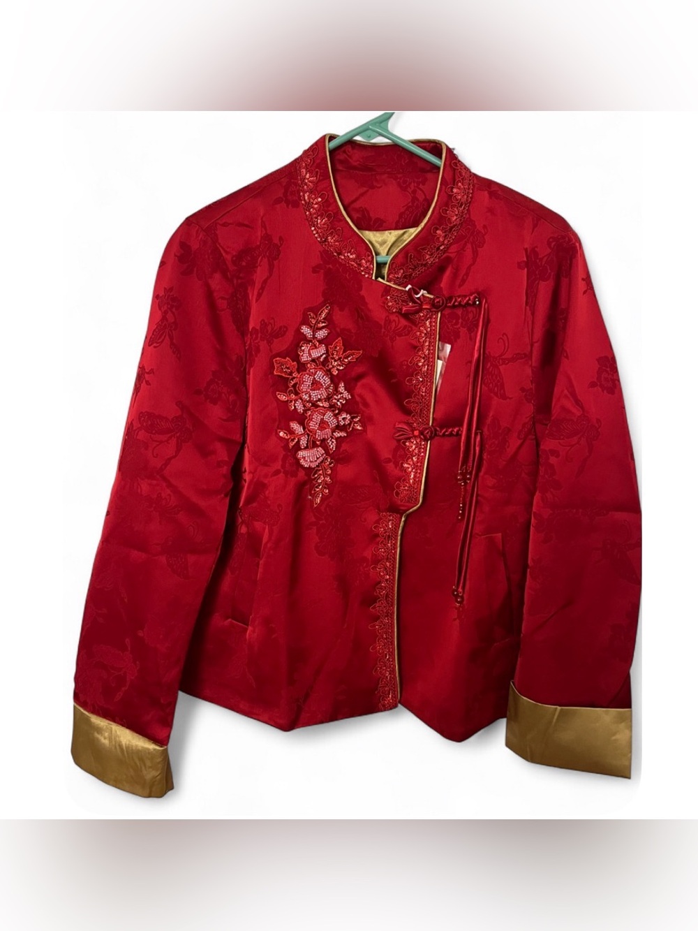 Red Embroidered Mandarin Collar Jacket - Women